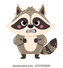 Cute raccoon is angry. Flat vector illustration in a simple children's style.