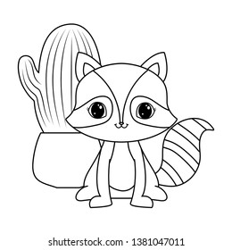 cute raccoon animal with cactus in pot