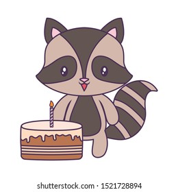 cute raccoon animal with cake of birthday vector illustration design