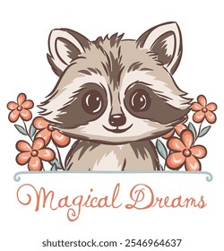 Personaje de dibujos animados de animales de mapache lindo con flores y sueños mágicos de frase corta en diseño para niños