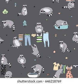 Cute Raccoon Animal Doodle Hand Drawn Vector Seamless Background Pattern