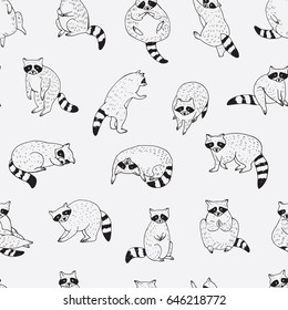 Cute raccoon animal doodle hand drawn vector seamless background pattern