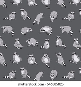 Cute raccoon animal doodle hand drawn vector background pattern