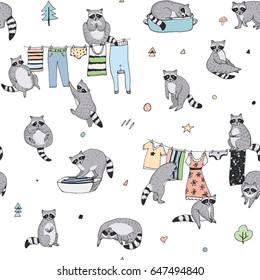 Cute raccoon animal doodle hand drawn vector seamless background pattern