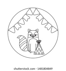 cute raccoon animal with hat party and garlands
