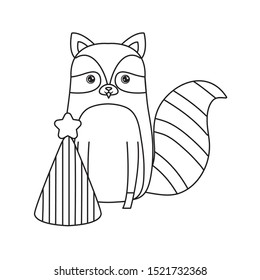 cute raccoon animal with hat party vector illustration design