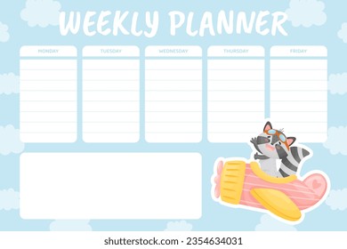 Cute Raccoon Animal on Plane Flying in the Air Empty Weekly Planner Design Vector Template