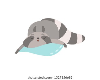 Cute Raccoon Animal Sleeping on Pillow Vector Illustration