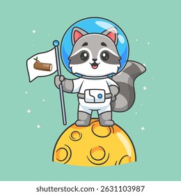 Astronauta Guaxinim Bonito Segurando Árvore Da Bandeira Na Lua Ícone Do Vetor Do Desenho Animado Ilustração. Animal Science Icon Concept Isolado Premium Vetor. Estilo de Desenho Animado Plano