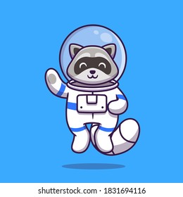 Cute Raccoon Astronaut Waving Hand Cartoon Vector Icon Illustration. Animal in Space Icon Concept, Isolated Premium Vector. Flat Cartoon Style