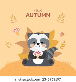 A cute raccoon with an autumn background