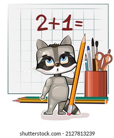 Cute Raccoon baby is trying to count. Studying numbers and counting. Funny animal kid. Stationery and pencil. Writes in notebook. Mathematics illustration. Isolated on white background. Vector.