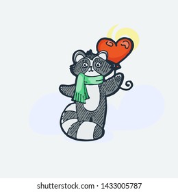 Cute raccoon with balloon. Cartoon hand drawn vector illustration. Nice for t-shirt print, kids wear fashion design, clip-art, baby shower invitation cards