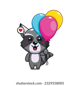 cute raccoon with balloon cartoon vector illustration.