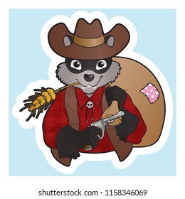 Cute Raccoon Bandit Cowboy. Cartoon Vector Illustration