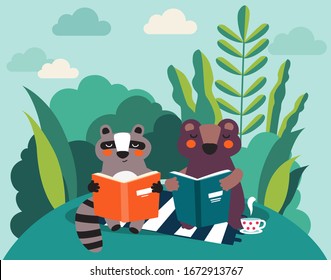 Cute raccoon and bear reading books in the park. Summer landscape background