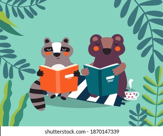 Cute raccoon and bear reading books in the park. Summer landscape background