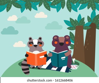 Cute raccoon and bear reads a book under the tree. Funny animal relaxing in park