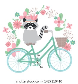 cute raccoon in bicycle with floral decoration