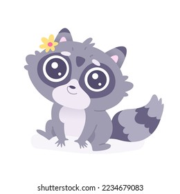 Cute raccoon big eyes vector illustration. Cartoon isolated adorable baby girl racoon character with forest flower decoration on head and lovely happy face, funny sweet animal with fur and tail