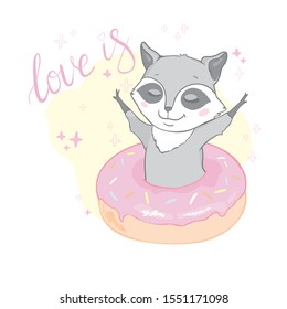 Cute raccoon with big tasty donut