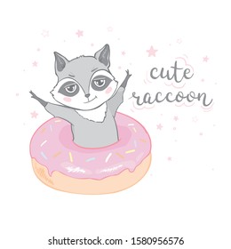 Cute raccoon with big tasty donut