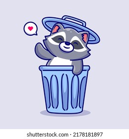 Cute Raccoon In Bin Trash Waving Hand Cartoon Vector Icon Illustration. Animal Nature Icon Concept Isolated Premium Vector. Flat Cartoon Style