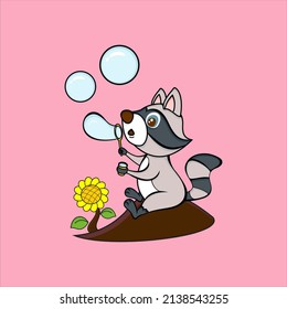 cute raccoon blowing bubbles vector