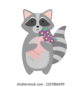 Cute raccoon with a bouquet. Cartoon characters. Idea for ST. Valentines Day
