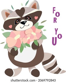 Cute raccoon with a bouquet of pink flowers and green leaves, in full growth. vector illustration, hand drawn, isolated, not traced, great postcard or print on a t-shirt, stationery.