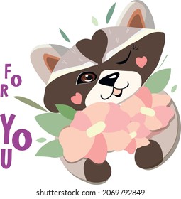 Cute raccoon with a bouquet of pink flowers and green leaves, vector illustration, winks and smiles. Hand drawn, isolated, not traced, great greeting card or t-shirt print, stationery.