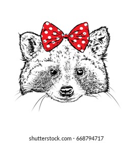 Cute raccoon with a bow. Vector illustration for a postcard or a poster, print for clothes. Wild animal in clothes.