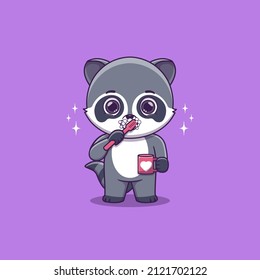 Cute Raccoon brushing teeth while holding mug