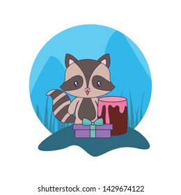 cute raccoon with cake of birthday and gift box