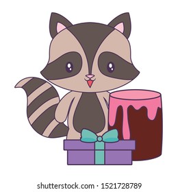 cute raccoon with cake of birthday and gift box vector illustration design