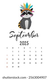 Cute Raccoon Calendar for September 2025, A delightful illustration of a cartoon raccoon wearing a colorful feather headdress, featured in a calendar layout for September 2025