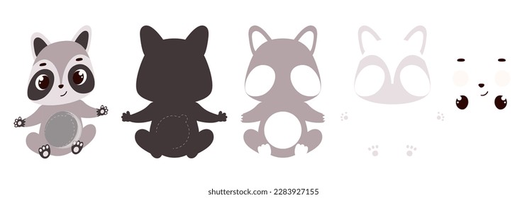 Cute raccoon candy ornament. Layered paper decoration treat holder for dome. Hanger for sweets, candy for birthday, baby shower, halloween, christmas. Print, cut out, glue. Vector illustration.