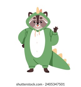 Cute Raccoon in Karnevalskostüme, verkleidet in Drachen. Hübsches, glückliches Tier-Charakter in Kigurumi für Masquerade Party, Gruß, winkend mit Pfoten. Flache Vektorgrafik einzeln auf weißem Hintergrund