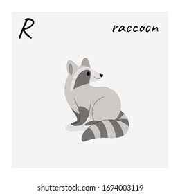 Cute raccoon - cartoon animal character. Vector illustration in flat style isolated on gray background.