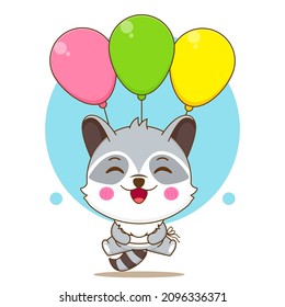Cute raccoon cartoon character floating with balloons