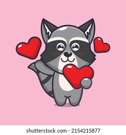 cute raccoon cartoon character holding love heart in valentines day