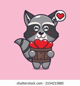 cute raccoon cartoon character holding love in wood bucket