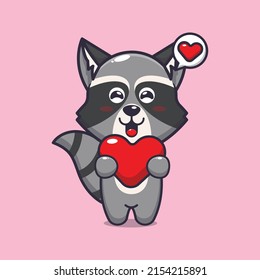 cute raccoon cartoon character holding love heart
