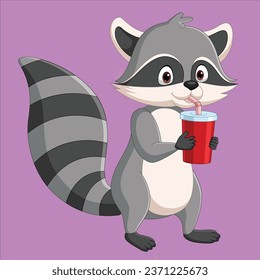 Cute raccoon cartoon drinking soda animal character design illustration