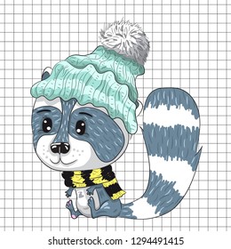 Cute raccoon cartoon hand drawn vector illustration. Can be used for baby t-shirt printing, fashion print design, children wear, baby shower celebration greeting and invitation card.