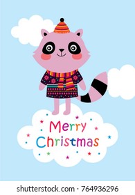 cute raccoon cartoon merry christmas greeting vector