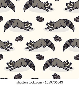 Cute raccoon cartoon seamless vector pattern. Hand drawn urban wildlife tile. All over print for nature forest blog, animal graphic, woodland home decor.