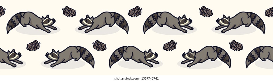 Cute raccoon cartoon seamless vector border. Hand drawn urban wildlife tile. All over print for nature forest blog, animal graphic, woodland home decor.