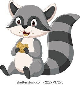 Cute raccoon cartoon sitting and eating cookies