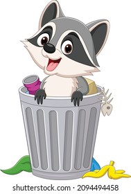 Cute raccoon cartoon in trash can